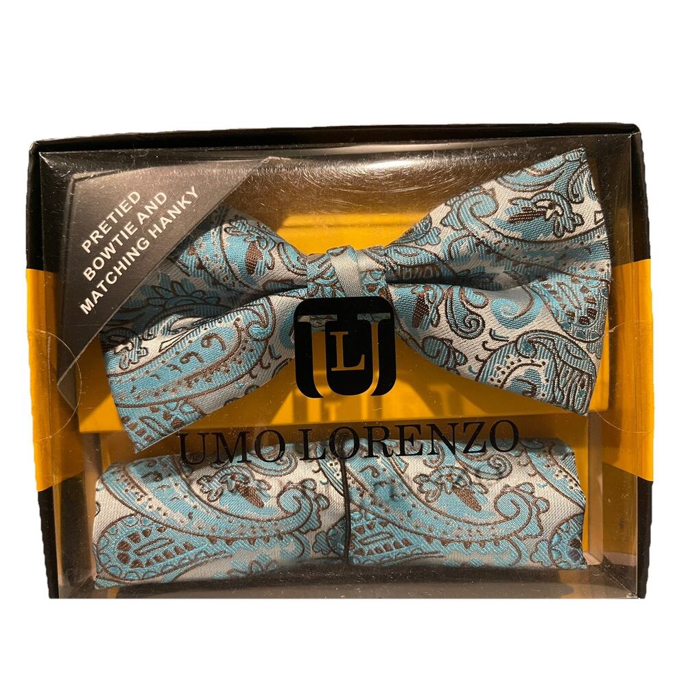 Umo Lorenzo Pre-Tied bowtie and Matching Hanky Set- Silver/Teal